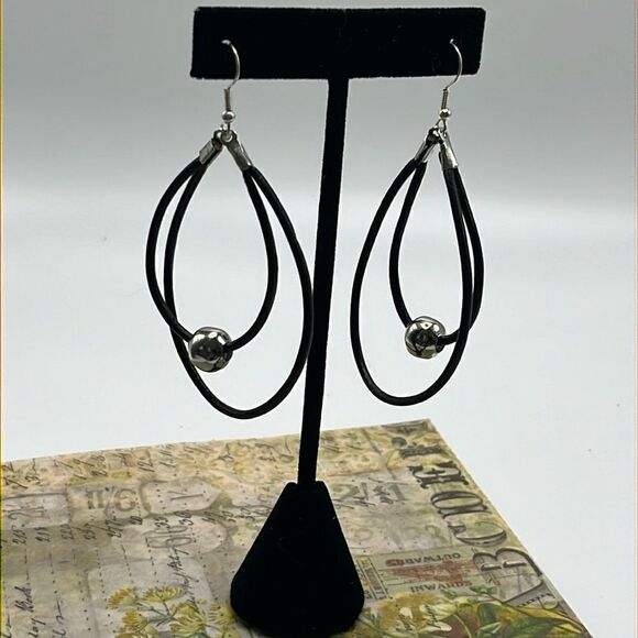 Double Leather Corded Dangling Earrings w/ Silver-Tone Bead Choice of Closure - Picture 3 of 14